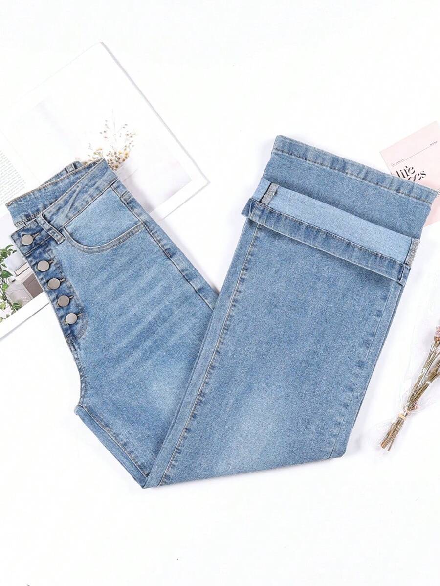 HIMARRI Elegantes vaqueros de pierna ancha para mujer, diseño largo y elástico con cintura escalonada y detalles de botones. - Azul - Ver 1