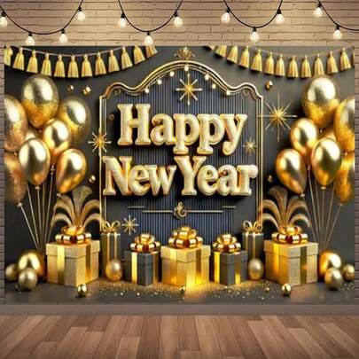 1PC Happy New Year Gold Gift Celebration Photography Backdrop Banner, Suitable For Party Decorations, Events, Home Decor, Multiple Sizes, Multi-Functional Party Backdrop, Suitable For Unisex Decorations, Indoor And Outdoor Decorations, Photography Studios, Garden Decorations, Party Decorations And Phone Booths.