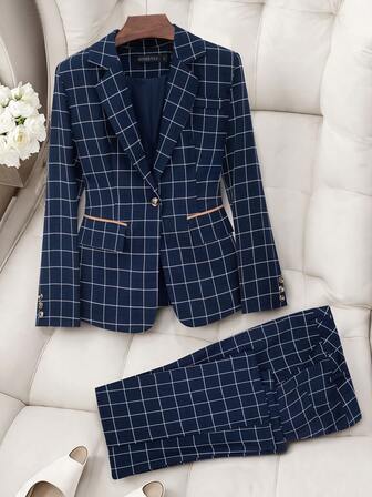 HOMEYEE Conjunto de traje a cuadros para mujer, chaqueta blazer y pantalones de vestir casual y profesional, conjunto versátil adecuado para varias ocasiones y vacaciones, 2 piezas