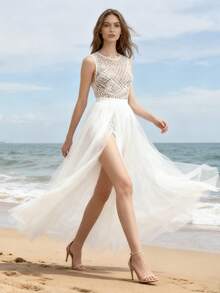 1pc Long White Lace Mesh High Slit Maxi Dress, Beach Wedding Gown, Casual Sheer Slim Design Party Evening Dress - White - View 5