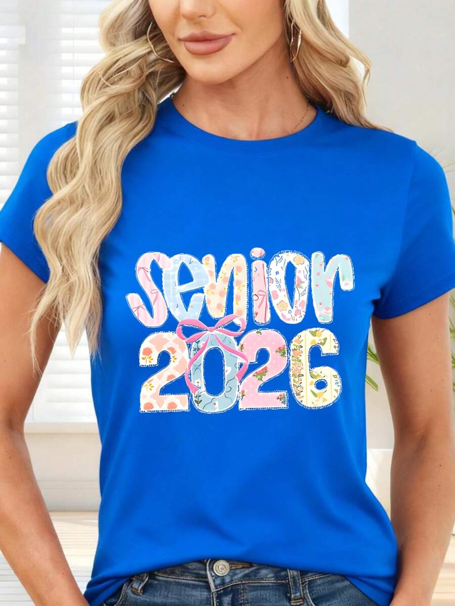 T-Shirt With Floral Print And Text Senior 2026 For Graduation - Blue - View 1