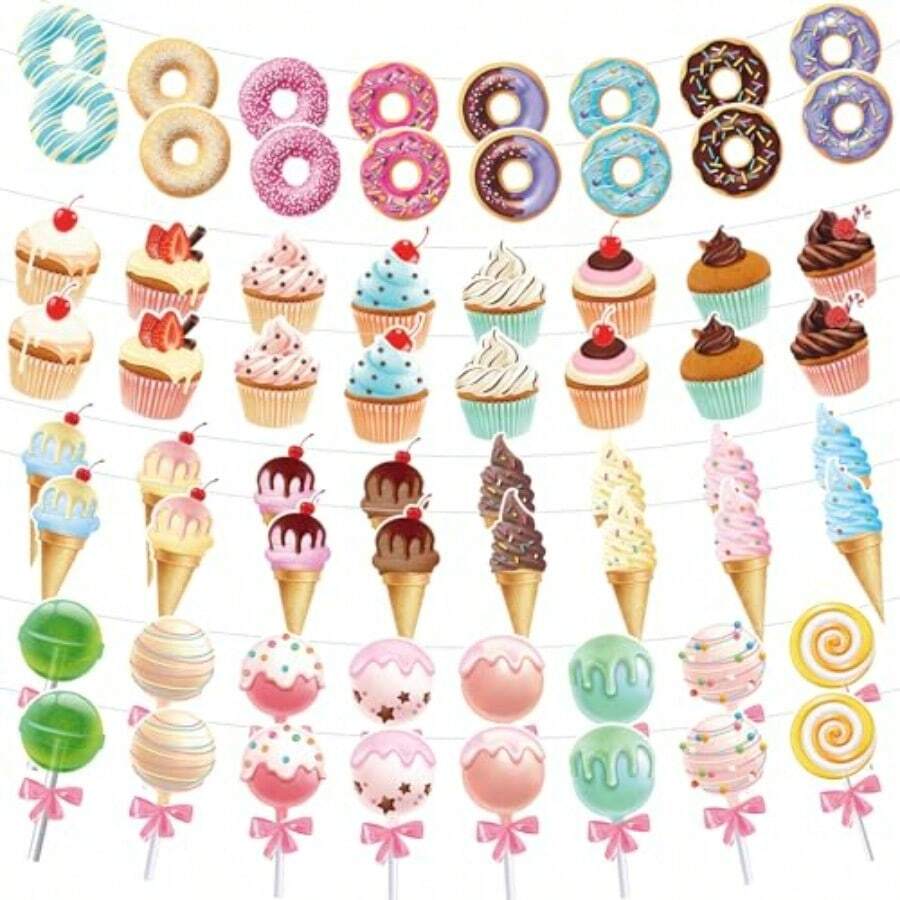 D64 Pcs Party Decorations Includes 8 Pack Ice Cream Party Banner Donut Theme Lolli Cupcakes Banner Hanging Donut Garland Kit For Grow Up Birthday Party Plies - 如圖所示 - 查看 1