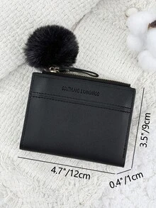 SOUTHLAND&KANGAROO This Foldable Small Wallet With A Pom-Pom Charm And Black Letter Details Is Lightweight And Portable, Suitable For Credit Cards, Keys, And Other Items. It Is Fashionable And Cute, Making It A Great Gift For Birthdays, Christmas, Anniversaries, And Suitable For Women, Girls, Ladies, Business Professionals, Students, Dorm Supplies, And Back-To-School Essentials. - Black - View 9