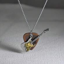 1 Piece Retro Guitar Pick And Guitar Pendant Necklace - Punk Rock Metal Music Enthusiast Accessories, With Black Faux Leather Chain, Unisex Gift, Suitable For Daily Wear And Parties, Concerts, Christmas, Valentine's Day (Uncoated, Durable Retro Music Theme Design) - 棕色 - 查看 9