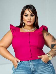 BLUSA FEMININA VERÃO PLUS SIZE MANGA BABADO CROPPED DETALHE BOTÕES ZIPER NAS COSTAS LOOK CURVE 44 a 54 - Pink - Visão 2