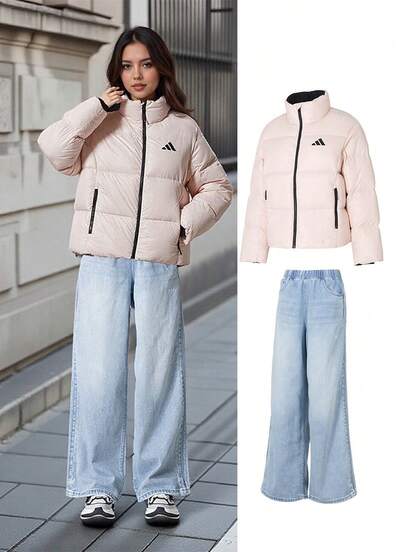 Adidas 2pcs/Set Pink Down Jacket + Regular Denim Jeans, Youth Reducing Age Design, Student Autumn/Winter Outfit, Casual Loose Stand Collar Down Jacket And Wide Leg Pants, Suitable For Daily, Outdoor, Travel