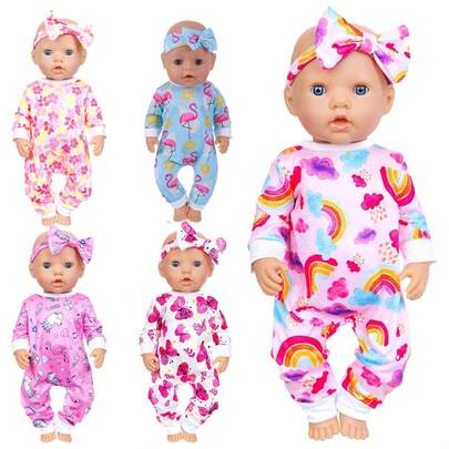 5pcs/Set Doll Romper With Headband (Doll Not Included), Fits 17-18 Inch Dolls, Floral Print Doll Romper With Bow Headpiece, Best Christmas Gift For Kids