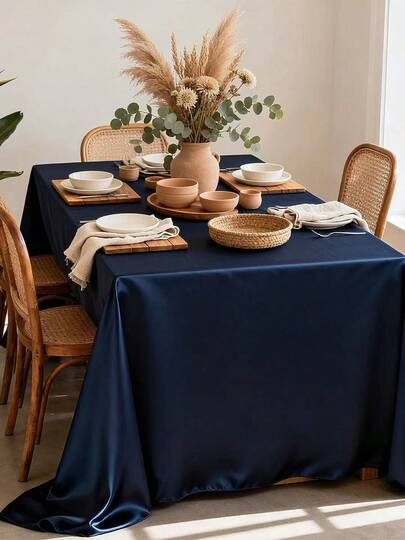 Mantel de satén rectangular, 147 cm x 260 cm Mantel ovalado suave y lavable, cubierta de mesa decorativa de tela sedosa para bodas, fiestas, banquetes - Azul marino