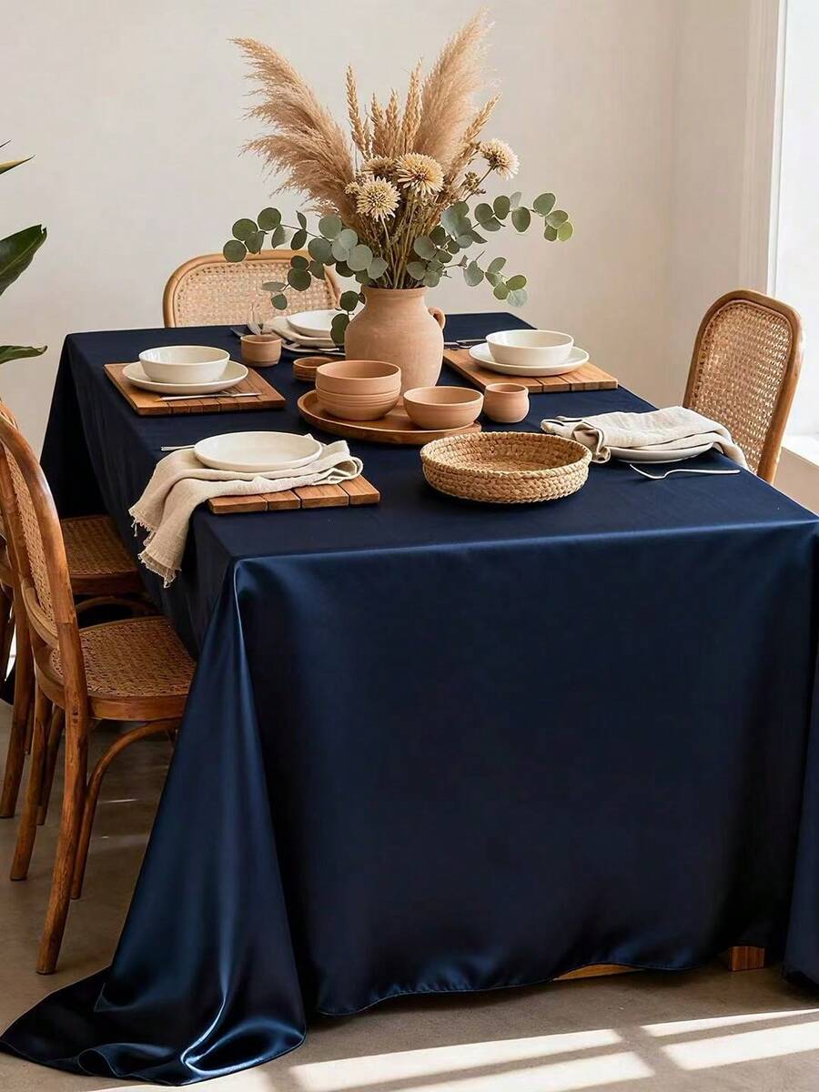 Rectangle Satin Tablecloth, 57.8"X102.3" Smooth Oblong Washable Table Cloth, Decorative Silky Fabric Table Cover For Wedding, Party, Banquet- Navy Blue - Navy Blue - View 1