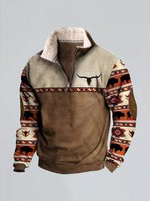 Vintage Western Mens Sweatshirts Retro Cow Skull Graphic Casual Long Sleeve Quarter Zip V-Neck Pullover Tops