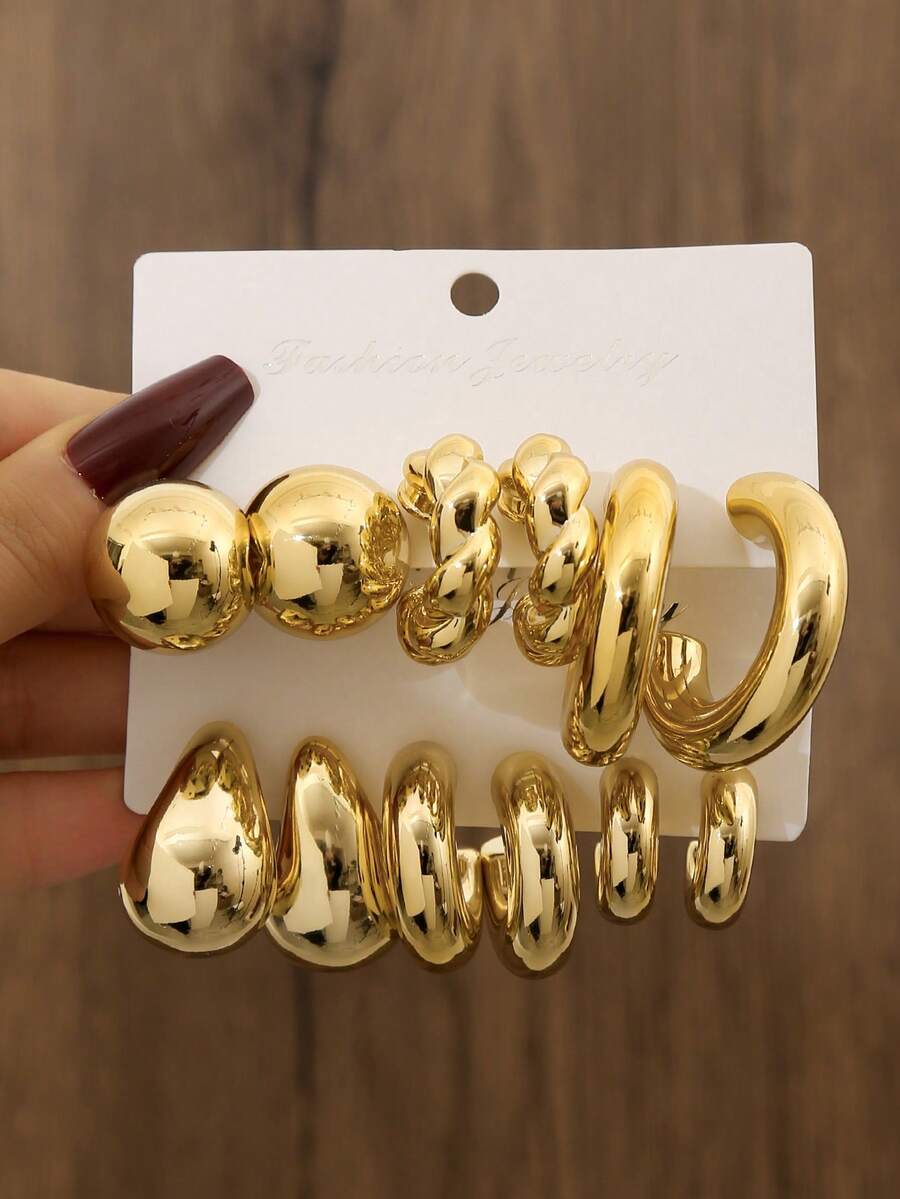 Set de 12/6 piezas de pendientes de gota de agua de resina con estilo minimalista para mujeres, joyería ligera dorada, adecuada para uso diario y vacaciones - Dorado - Ver 1