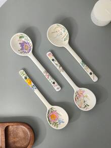 Vintage Floral Ceramic Spoon, Household Soup Spoon, Japanese Style Dessert Spoon, High-Quality Rice Spoon, Personal Long Handle Spoon