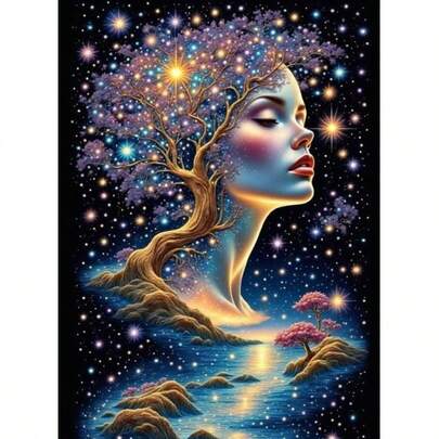 1件套5D DIY钻石画套装 - 星空树与梦幻女子，全钻钻石画套装，适合成人初学者，钻石画家居装饰及礼品