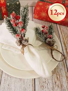 1-12pcs Woven Faux Snow Flower Pine Needle Pine Leaf Napkin Rings, Christmas Napkin Rings, Handmade Christmas Napkin Rings - Multicolor - View 10
