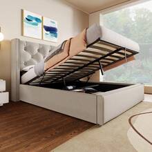 Upholstered Hydraulic Single Bed 90x200cm, Bed With Metal Mesh Frame, Modern Bed Frame With Storage, Cotton, Grey - LIGHT GREY + Cotton + 140cm*200cm - View 6