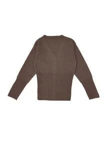 For Love & Bella Women's Sexy & Elegant Deep V-Neck Solid Brown Knit Cardigan, Fitted Minimalist Button Front Knit Sweater, Autumn/Winter - Chocolate Brown - View 8