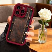 Carcasa de teléfono con diseño de cuero vintage marrón oscuro con remaches y costuras para iPhone estilo retro elegante uso diario y moda urbana - Burdeos - Ver 7
