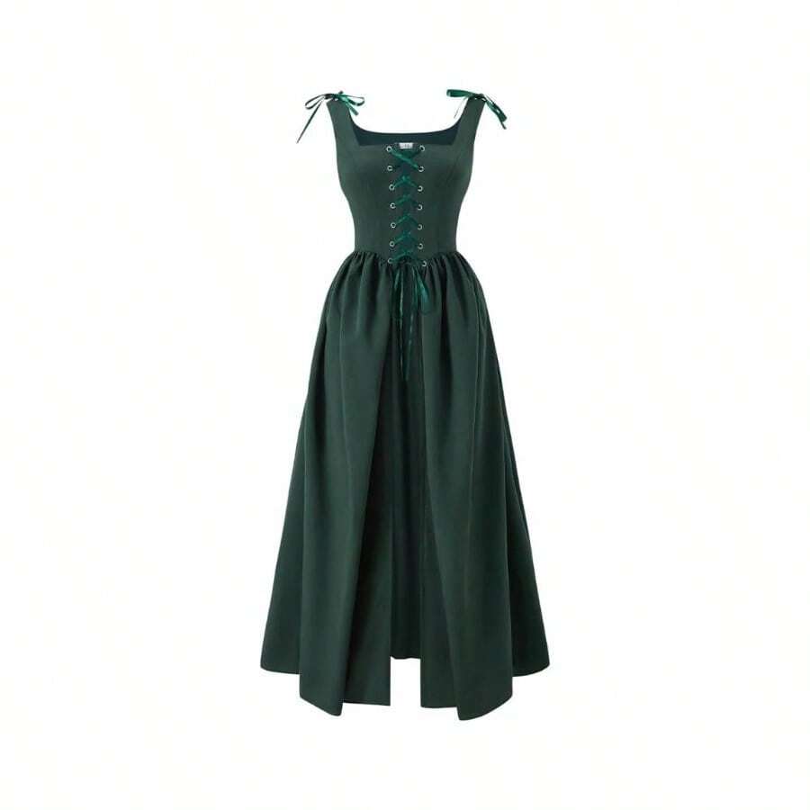 Women's Peasant Overdress With Adjustable Laces Pockets, Renaissance Corset Dress Halloween, Medieval Festival - Xanh đậm + Lớn - Xem 1