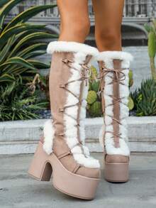 Lace-Up Fur Lined Chunky Heel Tall Boots, Gothic Style Thick Sole Winter Boots