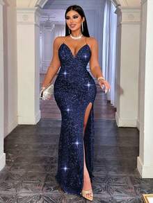 CHOSMO Đầm xòe lưng cao hở lưng đính sequin màu xanh nước biển, dây xích kim loại, váy dạ hội thanh lịch cho quý cô dự tiệc khiêu vũ, tiệc cưới, tiệc cocktail - Màu xanh hải quân - Xem 8
