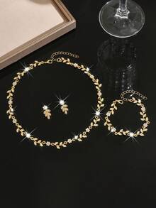 Elegant Crystal Bridal Jewelry Set, Tree Branch & Flower Shaped Earrings, Necklace, Bracelet, Suitable For Daily, Banquet, Party Wear, Holiday Gift - Multicolor - View 6