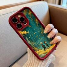 Cubierta de telefono con borde negro diseño de bosque mágico con niños caminando hojas amarillas y estrellas doradas para uso diario y estilo artístico - Negro - Ver 6