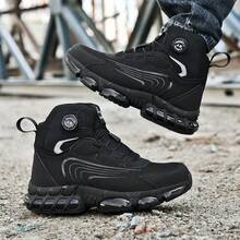 2025 New Black High-Top Mesh Rotary Button Unisex Casual Steel Toe Outdoor Running Shoes, Sports Shoes, Plus Size