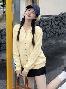 New Arrival Autumn Round Neck Striped Contrast Color Korean Style Long Sleeve Niche Cardigan Sweater (Random Stripe) - Light Yellow - View 4