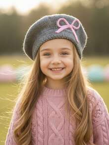 1pc Girls' Embroidered Bow Knit Beret Hat, New Autumn/Winter Knitted Hat, Decorative Hat, Painter Cap, Warm For Autumn/Winter, Versatile For All Seasons - 1PC - View 10
