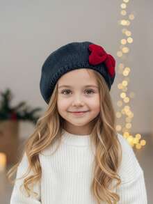 1顶女童红色天鹅绒蝴蝶结针织帽，儿童贝雷帽，画家帽 - 1PC - 查看 14