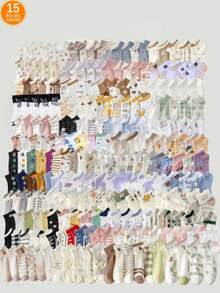 15pairs Random Cute Animal & Strawberry Pattern Women Short Socks, Comfortable And Breathable - Multicolor - View 1