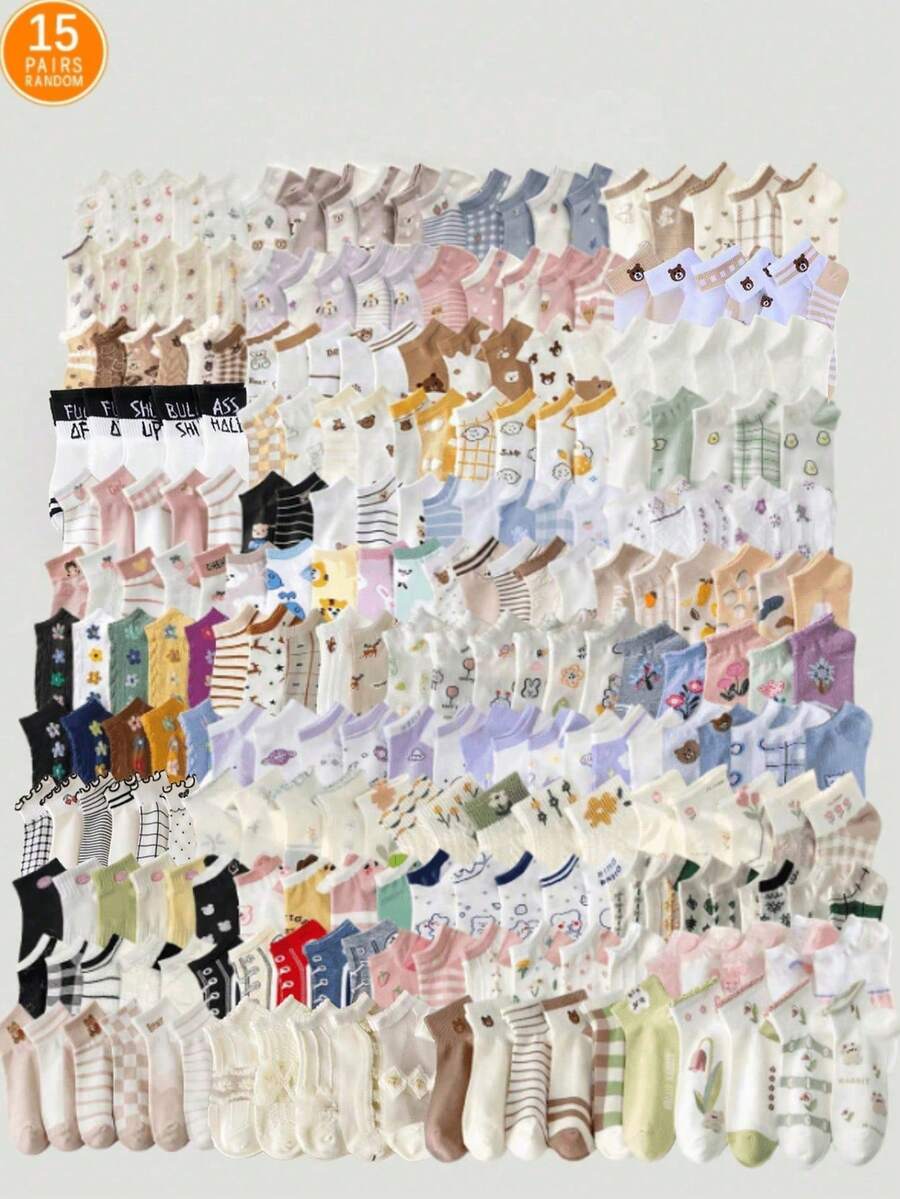 15pairs Random Cute Animal & Strawberry Pattern Women Short Socks, Comfortable And Breathable - Multicolor - View 1