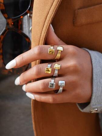 Frminee 1pc Gold Geometric Square Stainless Steel Jewelry Ring For Women, Waterproof, Fade-Proof, Line Design Suitable For Women, As A Gift