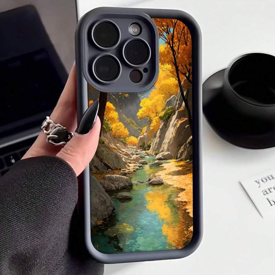 Cubierta de telefono con borde negro diseño paisaje otonal rio entre montanas hojas amarillas y verdes para uso diario y viajes - Negro - Ver 1