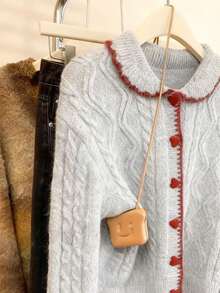 Cardigan a maglia con colletto alla coreana, bottoni a forma di cuore, stile vintage college, vestibilità morbida, colletto Peter Pan, maglione lavorato a maglia, autunnale - Grigio - Visualizzare 3