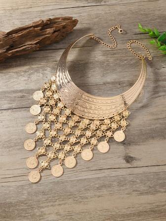 复古多层硬币流苏朋克风颈链，休闲沙滩派对配饰