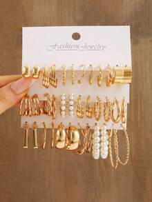 48-12pcs Gold Elegant Women's Earring Set, Thick Yet Lightweight Hoop Earrings, Jewelry Gift, Versatile Daily Wear, Holiday Gift - Gold - View 13