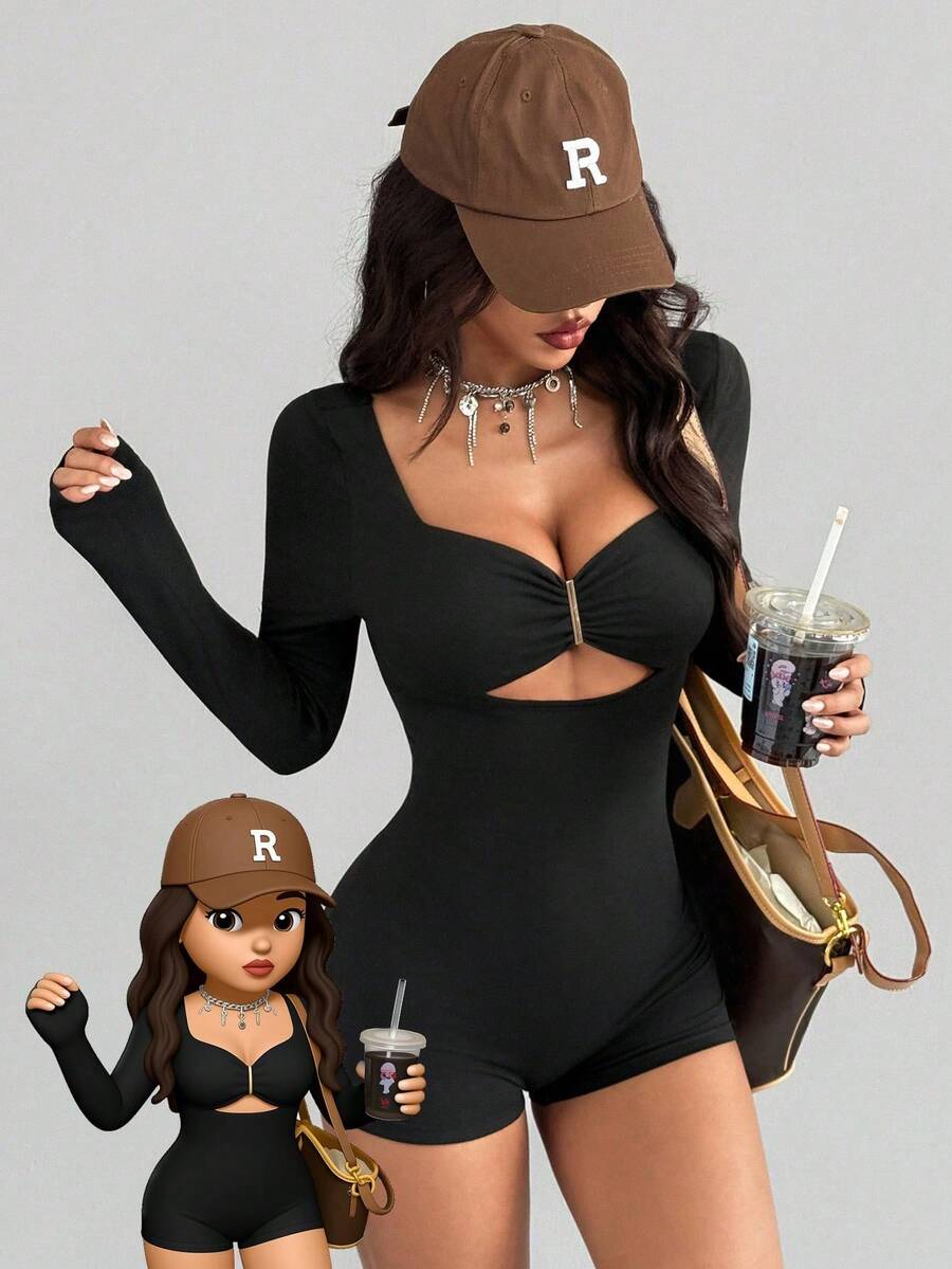 AITYI Studio Damen Jumpsuit, lässig für den Alltag, sexy Chic Outdoor, Abschluss, Schulanfang, Weihnachten, Herbst/Winter, elastischer Strick Langarm Shorts, gut sitzend - Schwarz - Übersicht 1