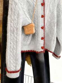Cardigan a maglia con colletto alla coreana, bottoni a forma di cuore, stile vintage college, vestibilità morbida, colletto Peter Pan, maglione lavorato a maglia, autunnale - Grigio - Visualizzare 5