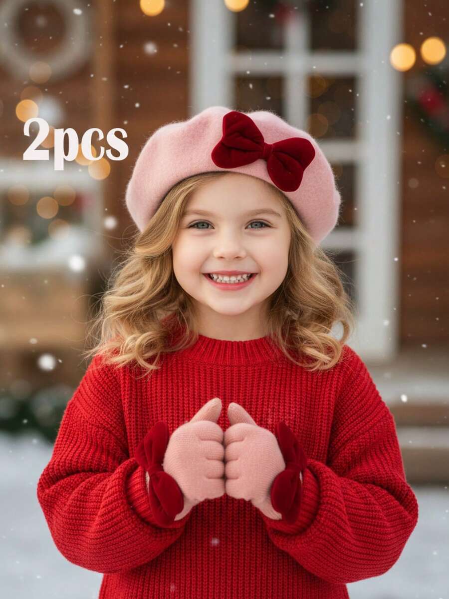 2pcs New Year Hat Set, Christmas Hat Set, Pink Velvet Bow Beret Hat + Gloves Set For Kids, Warm Beret Hat + Gloves Set For Autumn/Winter