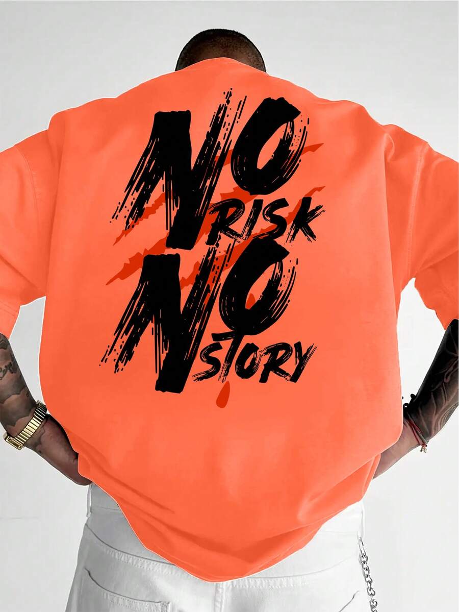 Camvyn Men's Casual Fashionable Street Slogan Print Dropped Shoulder Loose Breathable Short Sleeve T-Shirt, Summer - Orange - View 1