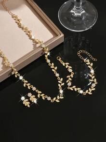 Elegant Crystal Bridal Jewelry Set, Tree Branch & Flower Shaped Earrings, Necklace, Bracelet, Suitable For Daily, Banquet, Party Wear, Holiday Gift - Multicolor - View 9