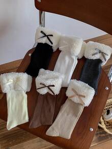 1双女士蝴蝶结装饰加厚保暖袜，适合搭配踝靴，秋冬季舒适袜子 - 彩色 - 查看 4