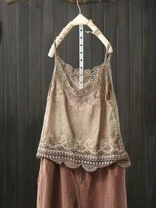 Áo hai dây nữ thời trang cổ điển, dáng rộng, màu trơn, thêu ren rỗng, phối ren, thích hợp cho mùa hè. - Cà phê nâu - Xem 2
