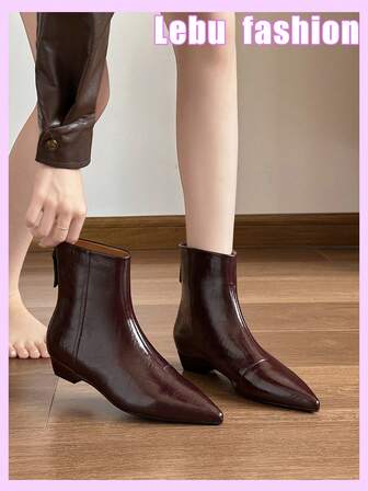 Women's Fashion Boots, New Autumn/Winter Short Boots, Western Style Side Zipper, Office Solid Color Pointed Toe Mid Chunky Heel Slim Boots, Work Shoes, Date Night Stylish Ankle Booties
