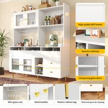 Tall Dining Room Cabinet (145 X 39 X 171) With Perforated Glass Doors, Wine Glass Rack, Multi-Level Storage, Elegant Black With Gold Decoration, Suitable For Dining Room Use (Previous Sku: N620P1915222324S) - White + MDF - 查看 10