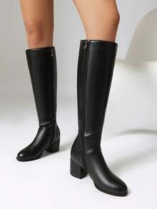 Women's Comfortable Chunky Heel Over-The-Knee Boots, PU Leather Tight Fitting High Shaft Casual Mid-Heel Riding Boots, Side Zipper Tall Boots, Solid Color Versatile Knee-High Boots For Commuting - Black - View 2