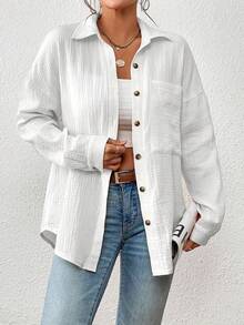 Women'S Loose Fit Long Sleeve Lapel Button- Shirt - Drop Shoulder Casual Top With Tassel Detail, Solid Color For Spring Fall Winter, Versatile Layering Piece,  Spring Fashion, Relaxed Style, Design, Stylish Detailing, Fashion Lovers - 白色 - 查看 1
