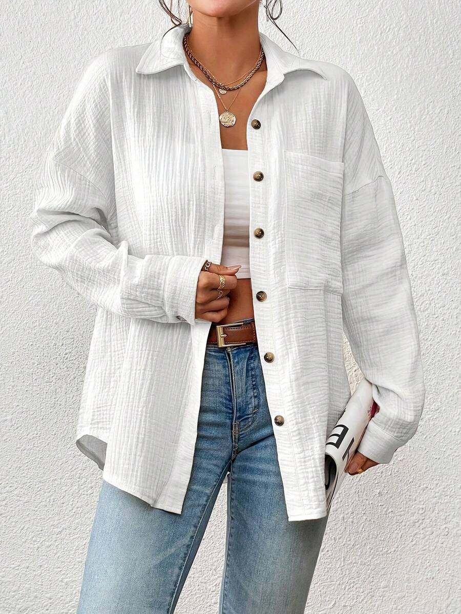 Women'S Loose Fit Long Sleeve Lapel Button- Shirt - Drop Shoulder Casual Top With Tassel Detail, Solid Color For Spring Fall Winter, Versatile Layering Piece,  Spring Fashion, Relaxed Style, Design, Stylish Detailing, Fashion Lovers - 白色 - 查看 1