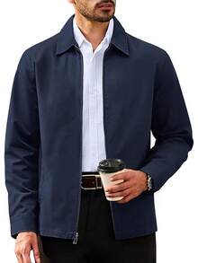 Men's Cotton Full Zip Up Work Jackets Turndown Collar Business Casual Windbreaker With 3 PocketsChristmas O5SK - 海軍 - 查看 12